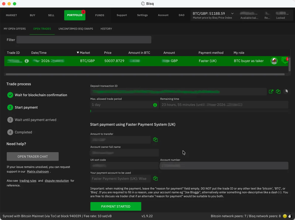 Bisq trade progress