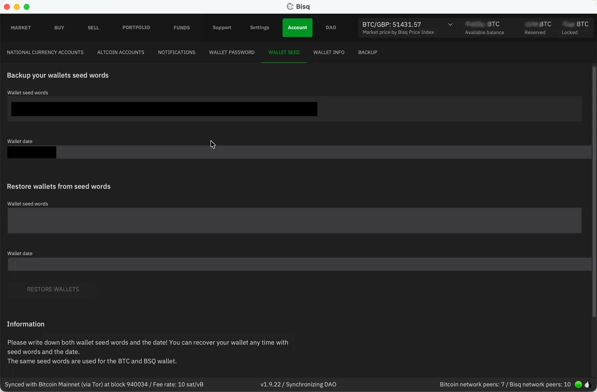 Bisq wallet seed